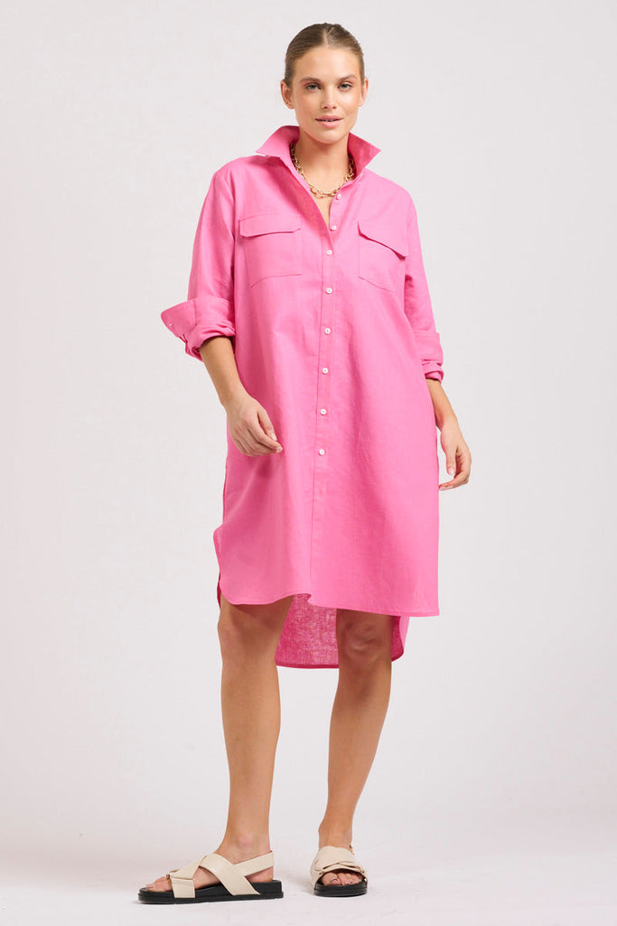 The Venus Linen Dress - Hot Pink