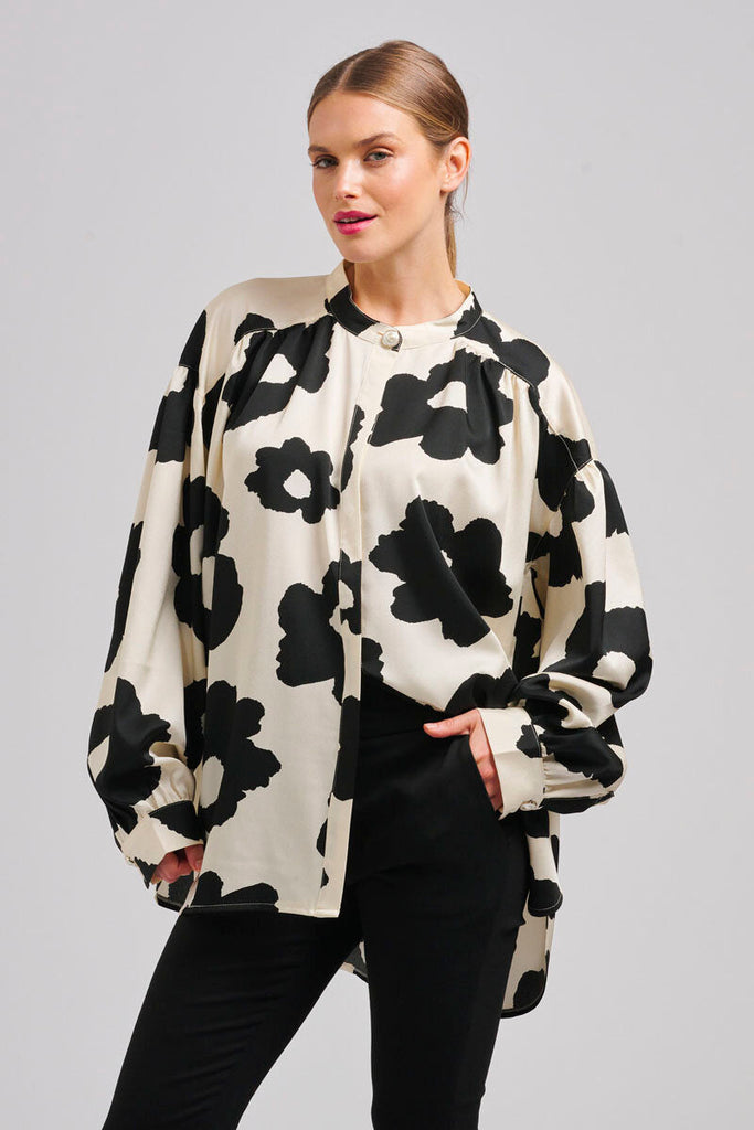 The Agatha Oversized Blouson Shirt - Cream & Black Print