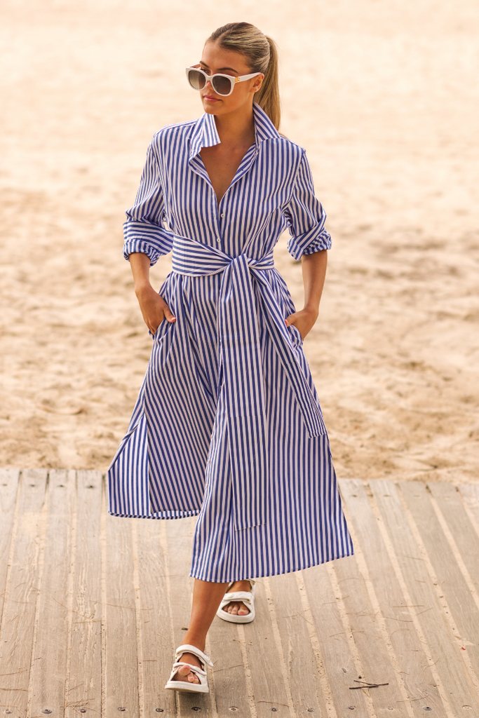 The Luna Long Shirt Dress Blue/White Stripe